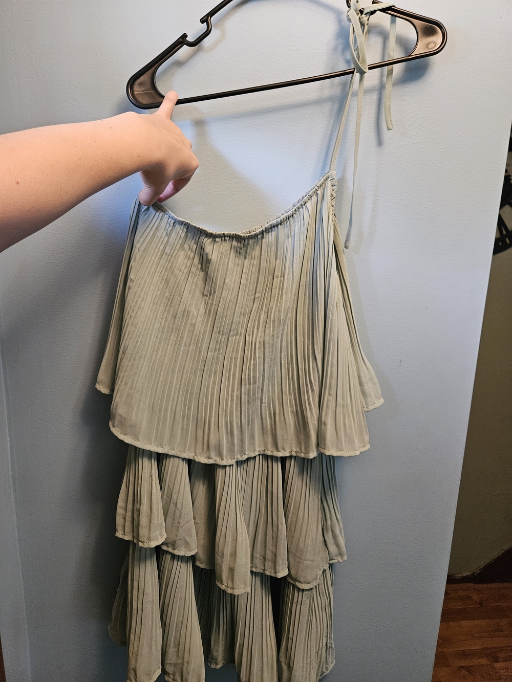 Pleated Tiered Spaghetti Strap, One Shoulder Dress in Light Sage